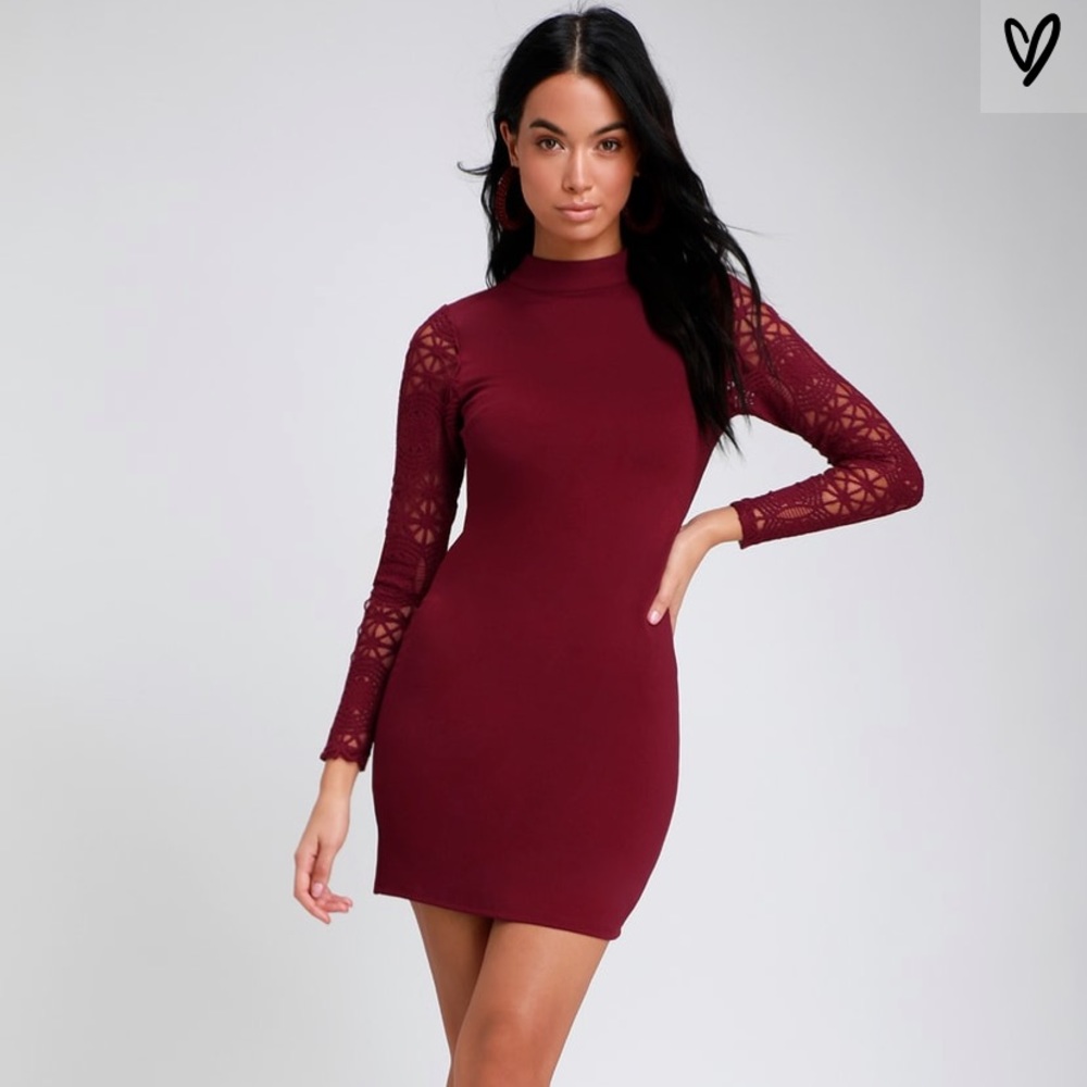 Lulu’s Red, lace up sleeve bodycon dress